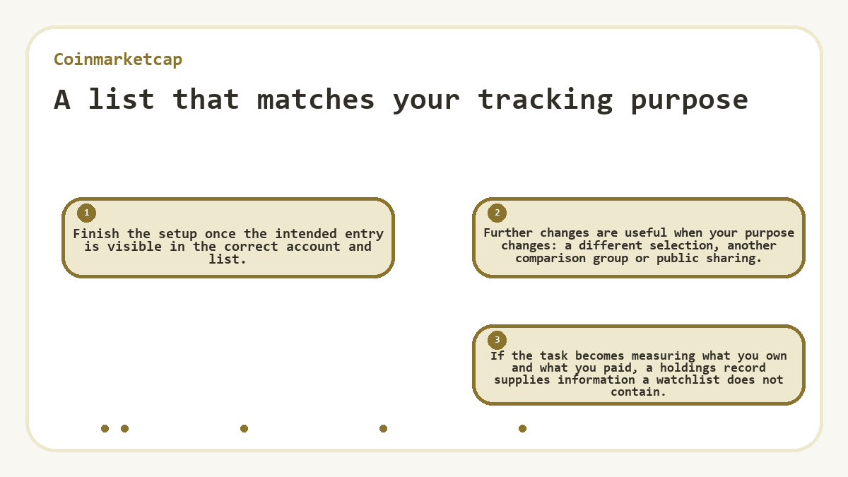 A list that matches your tracking purpose: Finish the setup once the intended entry is visible in the correct account and list.; Further changes are useful when your purpose changes: a different selection, another comparison group or public sharing.; If the task becomes measuring what you own and what you paid, a holdings record supplies information a watchlist does not contain.