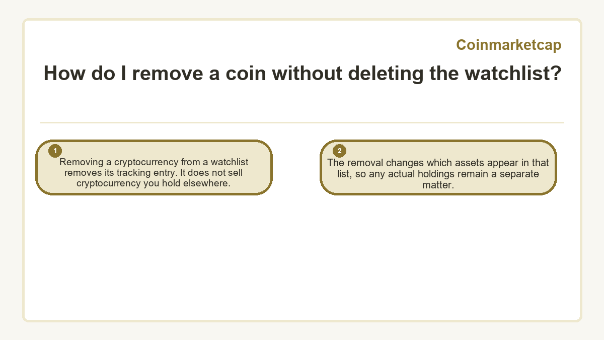 How do I remove a coin without deleting the watchlist?: Removing a cryptocurrency from a watchlist removes its tracking entry. It does not sell cryptocurrency you hold elsewhere.; The removal changes which assets appear in that list, so any actual holdings remain a separate matter.